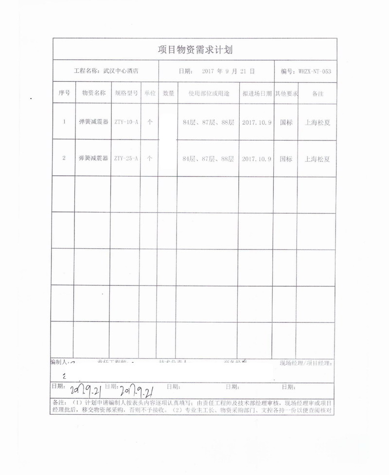 【武漢中心酒店分包工程】ZTY彈簧減震器合同